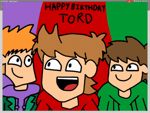 a cartoon of three boys with the words happy birthday tord