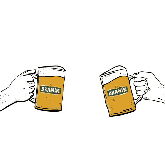 a drawing of two hands toasting with branik mugs