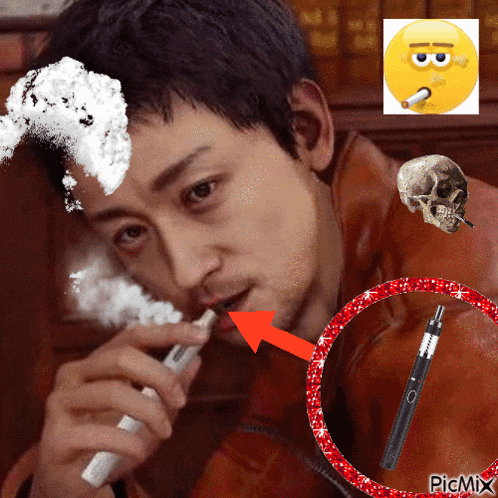 a picture of a man smoking an electronic cigarette with a smiley face behind him