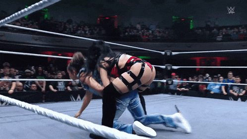 two women are wrestling in a wrestling ring with a w logo in the corner