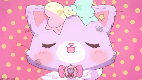 a purple cat with a bow on its head is on a pink background with polka dots