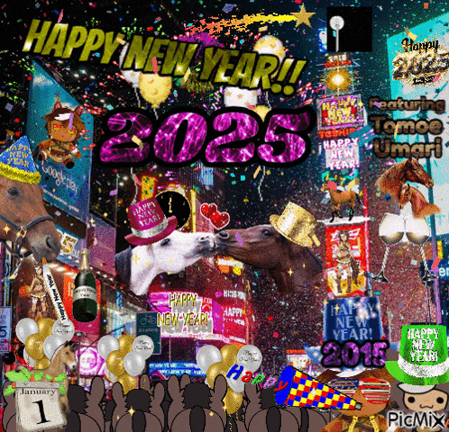 a poster that says happy new year 2025 with horses and confetti