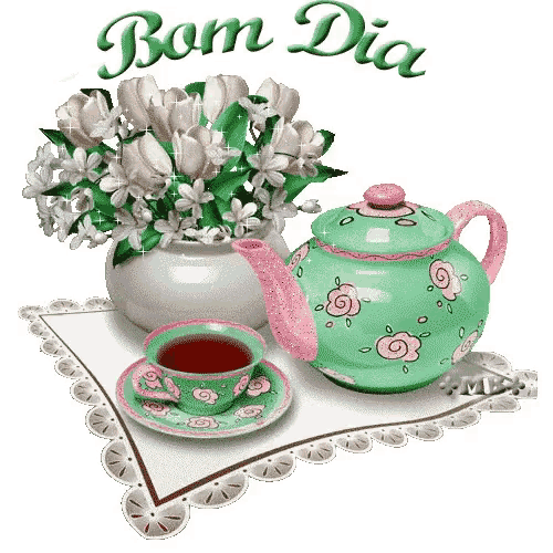 a picture of a teapot a cup of tea and a vase of flowers with the words bom dia