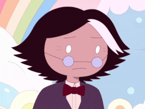a cartoon character with glasses and a bow tie looks sad