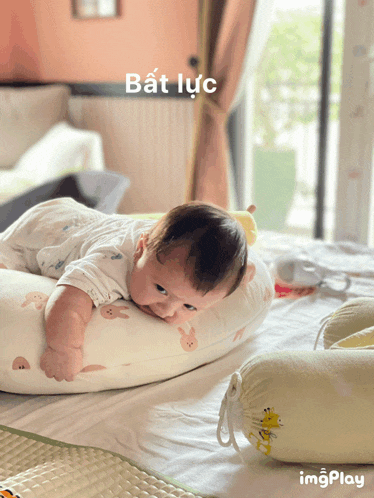 a baby laying on a pillow with the word bat lục written on the bottom