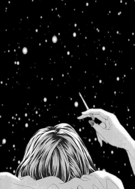 a black and white drawing of a woman smoking a cigarette in the night sky .