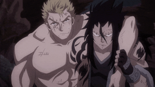 a man with a tattoo on his chest is standing next to another man with a tattoo on his arm