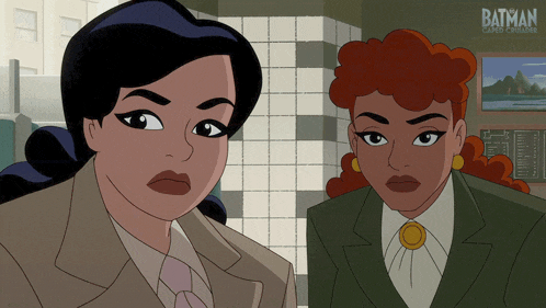 two cartoon characters are standing next to each other with the batman logo in the corner