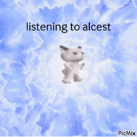 a picture of a cat in the clouds with the words listening to alcest