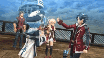 a group of anime characters standing next to each other on a brick walkway