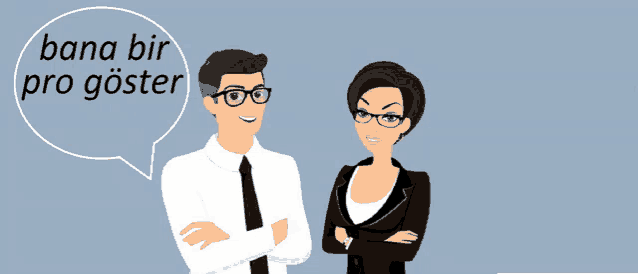a man and a woman standing next to each other with a speech bubble that says bana bir pro goster