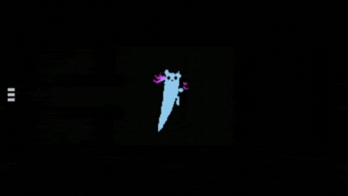 a blue and pink axolotl is glowing in the dark .