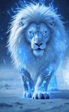 a white lion with blue eyes and a blue mane is standing in the snow .
