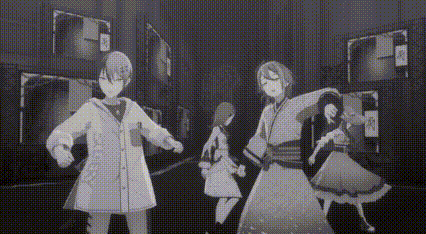 a group of anime characters are standing next to each other in a room .