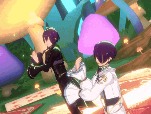 a couple of anime characters standing next to each other on a stage
