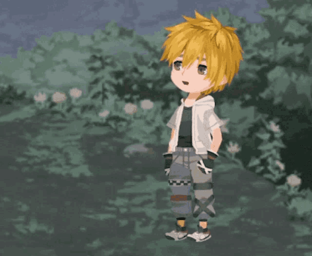 a little boy with yellow hair is standing in a field