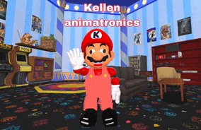 a video game character is standing in a room with the name kellen animatronics