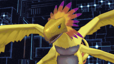 a yellow dragon with purple feathers on its wings