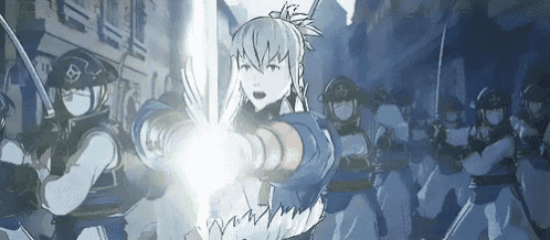 a girl is holding a sword in front of a crowd of people .
