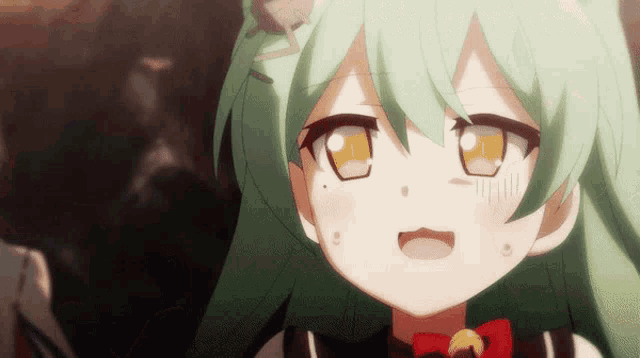 a close up of a green haired anime character
