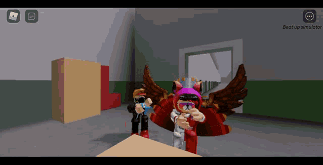 a screenshot of a roblox game shows a girl with wings and a boy with glasses