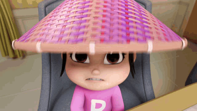 a cartoon girl wearing a pink shirt with a letter p on it