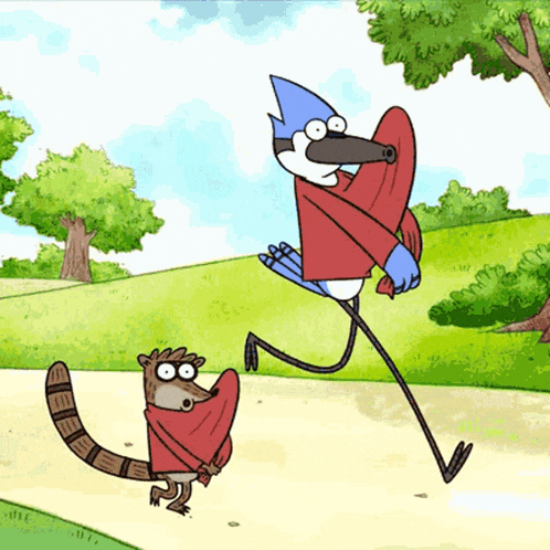 a regular show cartoon shows a raccoon and a blue bird