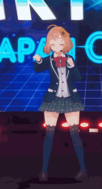 a girl in a school uniform is dancing in front of a neon sign that says apac