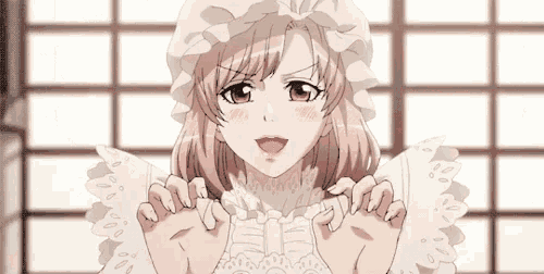 a girl in a white dress with ruffled sleeves and a white hat