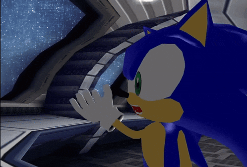 a cartoon of sonic the hedgehog waving his hand
