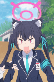 a girl with a cat ear and a badge that says ' a ' on it