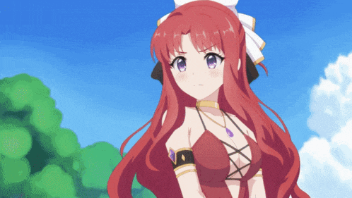 a girl with red hair and purple eyes is wearing a very revealing outfit