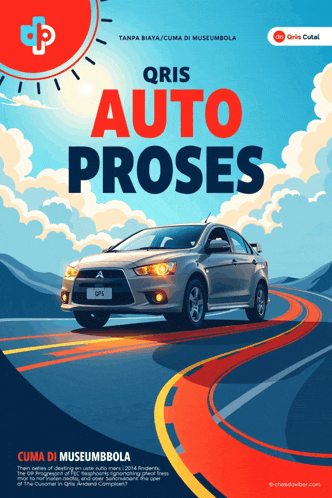 an advertisement for qris auto proses shows a car driving down a curvy road
