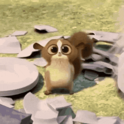 a cartoon squirrel with big eyes is standing in a pile of plates and napkins .