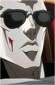 a close up of a cartoon character wearing sunglasses with blood on his face
