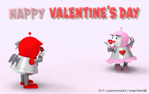 a happy valentine 's day greeting card with a couple of robots