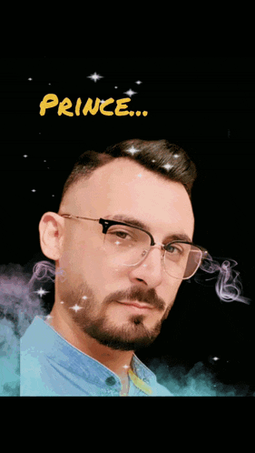a man wearing glasses and a blue shirt with prince written on the bottom right