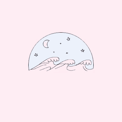 a line drawing of waves , a crescent moon , and stars on a pink background .