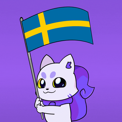 a cartoon drawing of a cat holding a blue and yellow flag