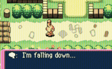 a video game screen shows a character saying i 'm falling down ..