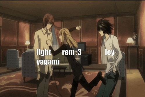 a man and a woman are standing in a room with the words light rem 3 yagami ley written on the bottom