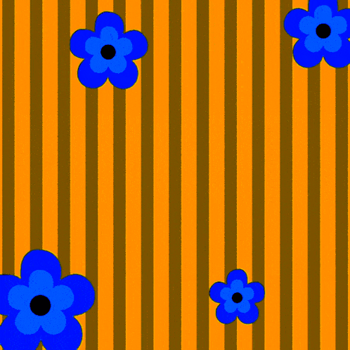 an orange and brown striped background with blue flowers