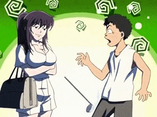 a man and a woman are standing next to each other with a golf club .