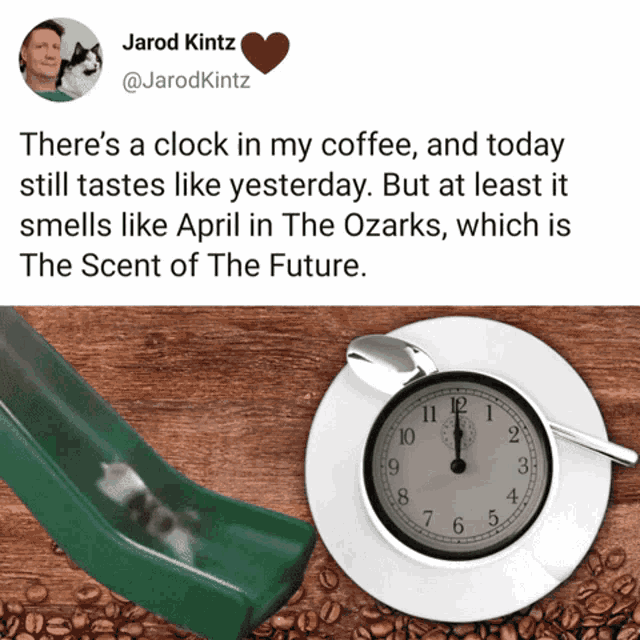 a tweet by jarod kintz shows a cup of coffee on a saucer next to a slide