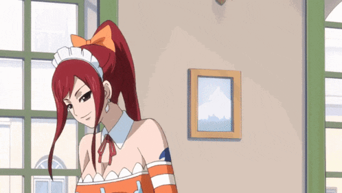a girl with red hair is wearing a maid outfit and smiling