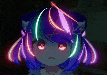 a close up of a girl 's face with glowing hair and red eyes