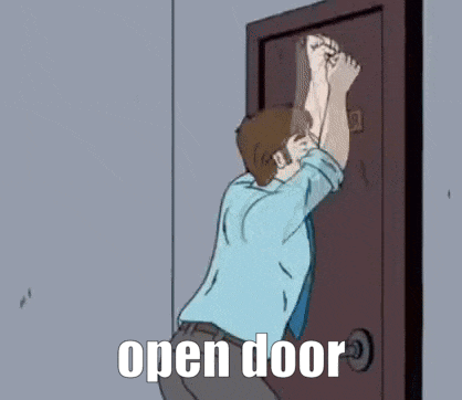 a cartoon man is knocking on a door with the words `` open door '' written on it .