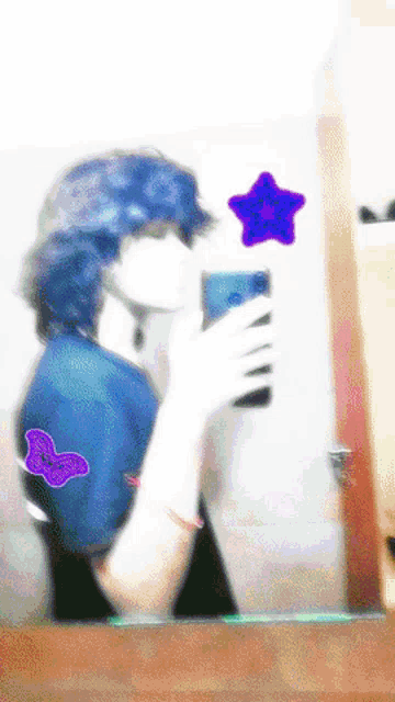 a person taking a selfie in front of a mirror with a purple star in the background