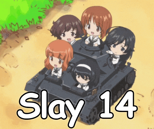 a group of girls are sitting on a tank with the words " slay 14 " on the bottom