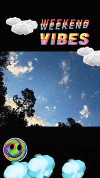 a poster that says weekend vibes with clouds and trees